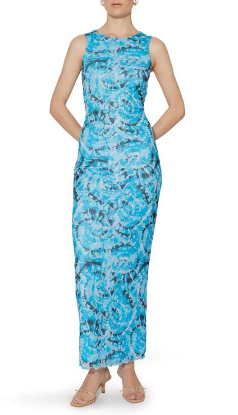 Something New Serena Print Sleeveless Mesh Maxi Dress Malibu Blue Aop Violeta XS